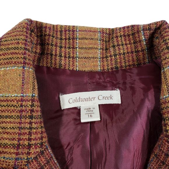 Coldwater Creek 16 Plaid Blazer Women Gold Plum Recycled Wool Blend Frayed Edges - Picture 6 of 11